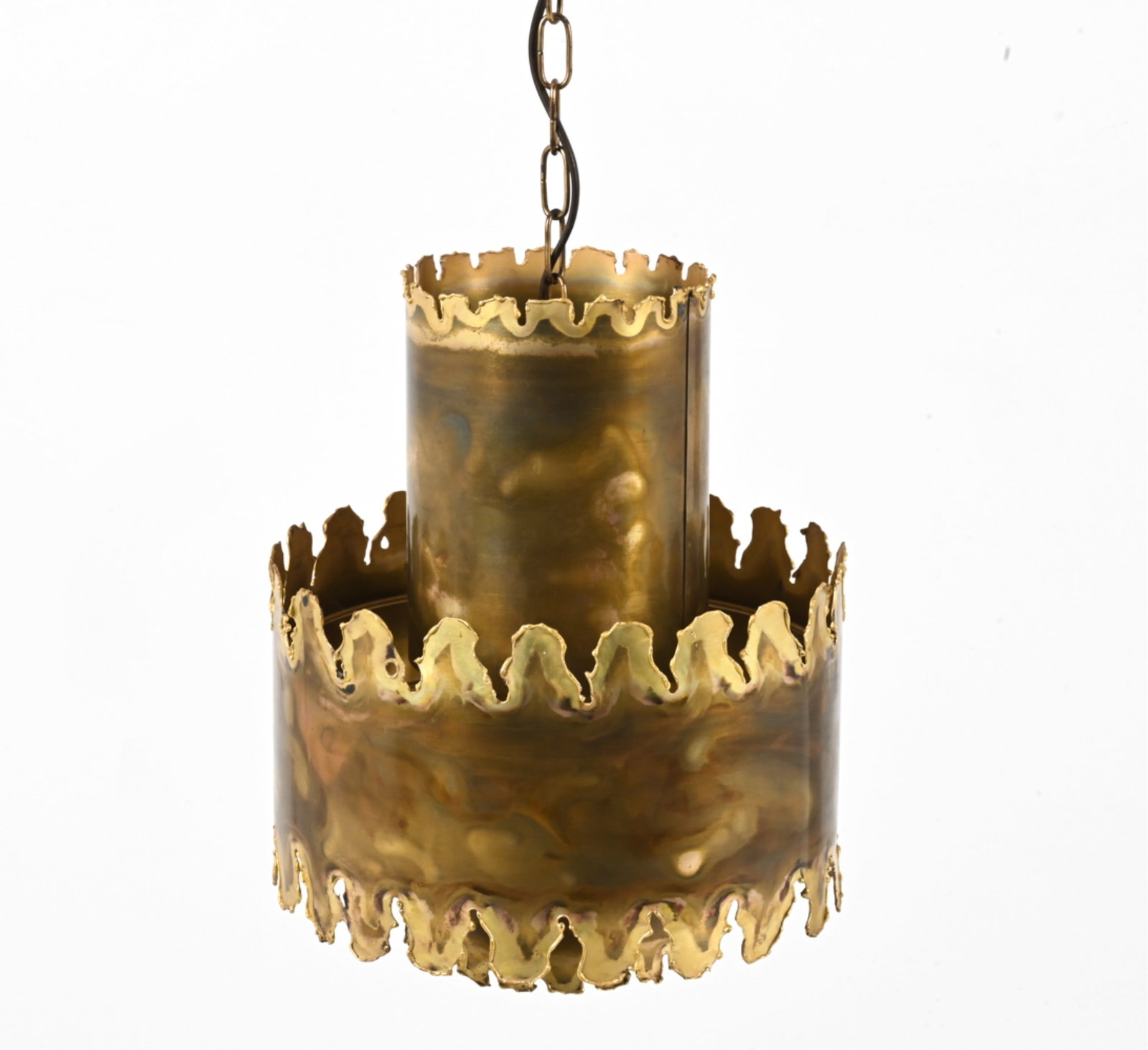 SVEND AAGE HOLM SORENSEN BRUTALIST PENDANT LAMP: For Holm-Sorensen & Co. Tag in canopy. Torch-cut and patinated brass. Circa 1960's. Dimensions: H 14" x Dia. 10.75". Condition: Cords cut, require rewiring. Minor scuffs and scrapes to brass finish. D