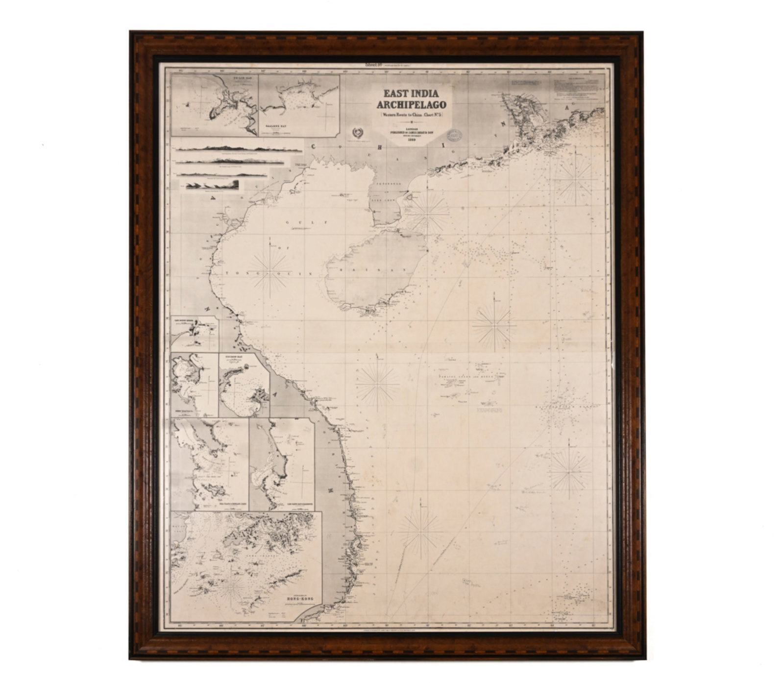 LARGE REPRO 19TH C. WHALING CHART; SOUTH CHINA SEA: Reproduction of an antique map. Two sheets, joined. Dimensions: (Frame) H 55.5" x W 45.5" Condition: Not examined out of frame. Intentionally antiqued; with spots of soiling, creases, a few tears and 