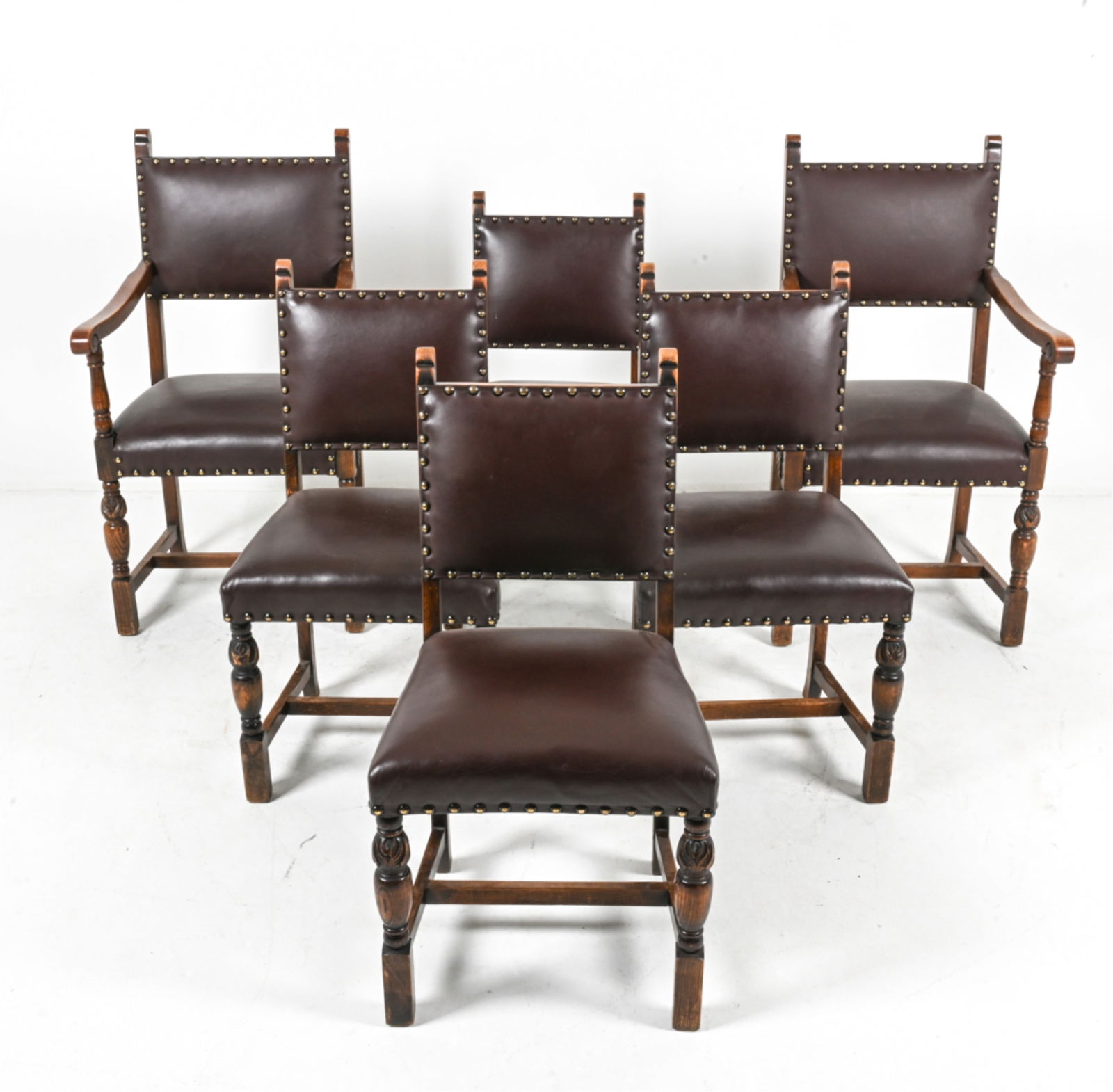 (6) SPANISH STYLE LEATHER AND CARVED OAK CHAIRS (1 of 12)