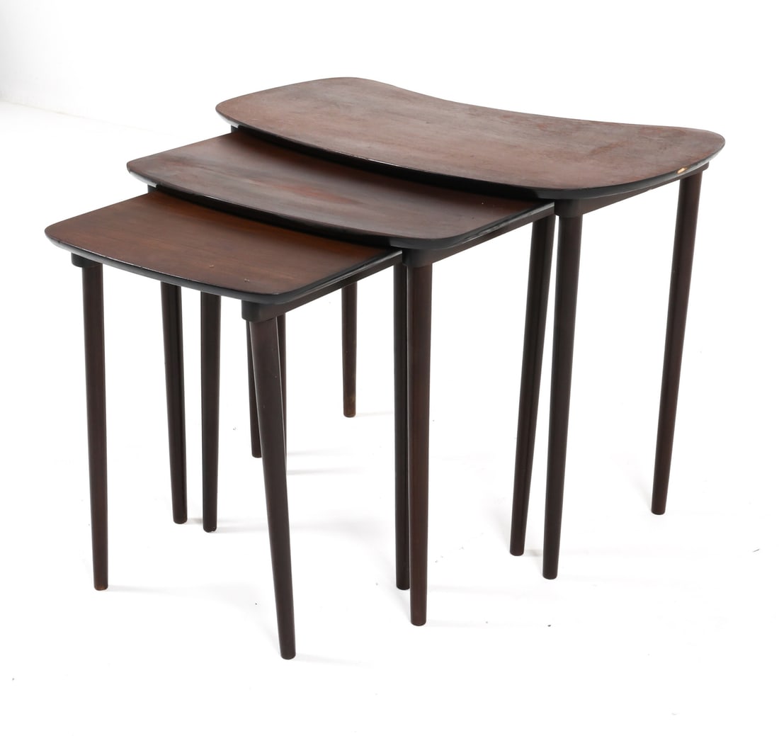 DANISH KIDNEY SHAPED NESTING TABLES: Mid 20th century. Dimensions: Largest H 19" x W 24.75" x D 13.25". Condition: Some nicks and rubs on edges, faint water marks. Wear consistent with age and use. DMH054