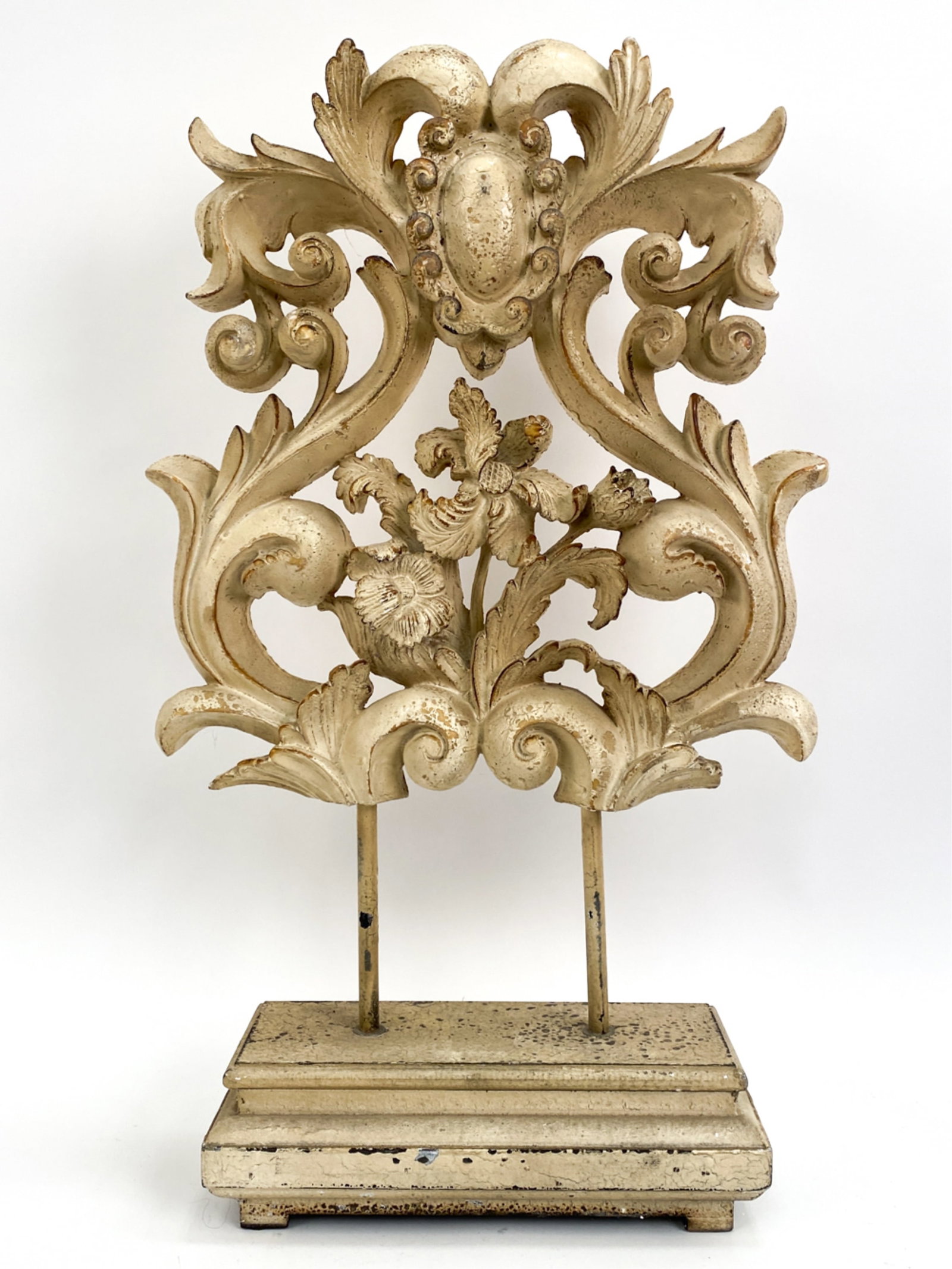 ARCHITECTURAL DESIGN ON STAND: Contemporary Standing architectural design. Plaster crafted with custom stand. Dimensions: H 29" x W 16" x D 5.75" Condition: Wear includes scattered marks and dings to base and design.