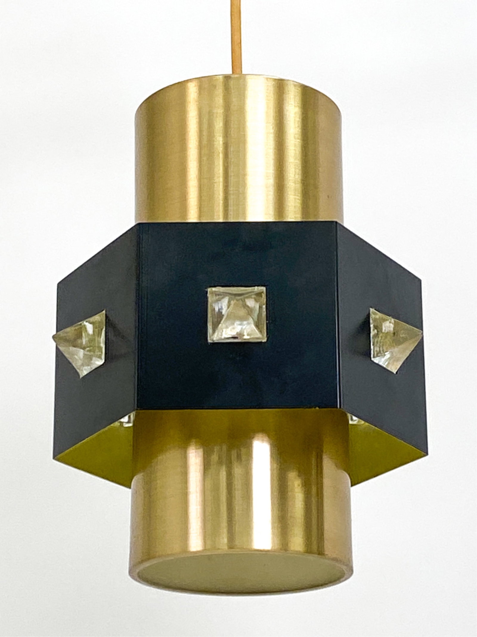 DANISH PENDANT LIGHT, C. 1970'S: Unsigned. Dimensions: (Fixture) H 12" x W 8" x D 8" Condition: Untested, may need rewiring. Minor wear to metal. E313