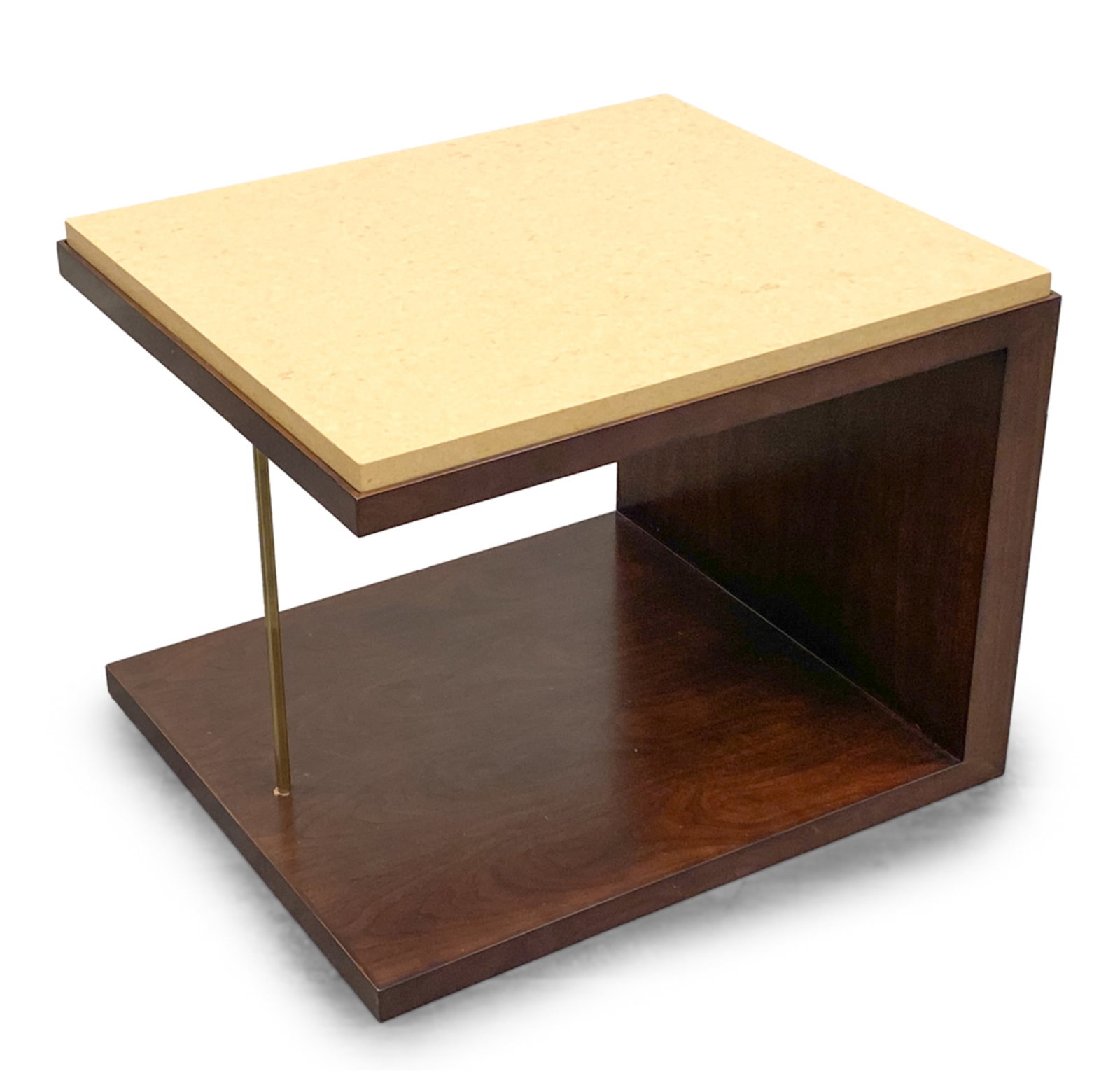FERRELL MITTMAN MARBLE & WALNUT END TABLE: Marble topped with brass post and open lower section. Dimensions: H 23.5" x W 30" x D 26" Condition: Wear includes, Scratches, marks and dings to edges of wood and area around brass post.