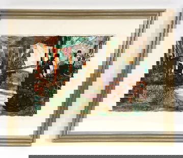 RENE GENIS SIGNED SILK SCREEN: Signed to margin Edition 22/80 Framed silk screen print. Framed in silver leafed wooden frame. Dimensions: (F) H 32.5" x W 39.5 (S) H 20" x W 28" Condition: Moderate nicks, marks and loss to edges fra