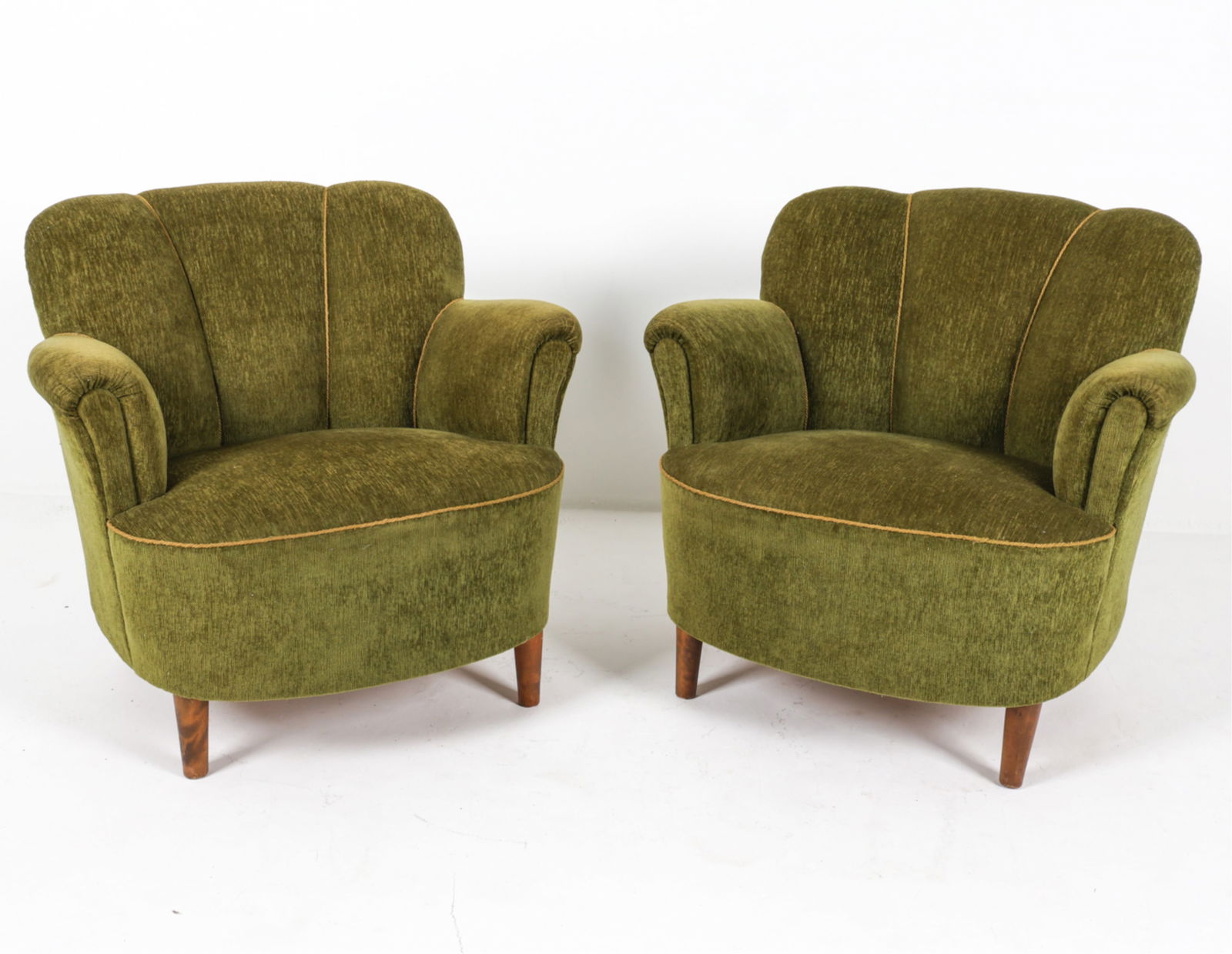 SWEDISH MODERN LOUNGE CHAIRS, C.1930'S: Tufted backs with fabric rope trim. Dimensions: H 29.75" x W 32.25" x W 22.25" x SH 16.5". Condition: Very minor signs of wear to threaded fabric. Wear consistent with age and use. PI156