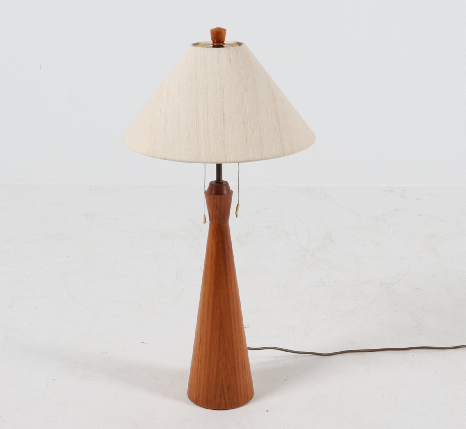 GERMAN TEAK DESK LAMP FOR DOMUS, C.1970'S: Dimensions: H 32" x Dia. 15.25". Condition: Wiring untested, European plug - requires adapter or rewiring for use in the US. Minor scuffs, small chips to veneer at base. PI136