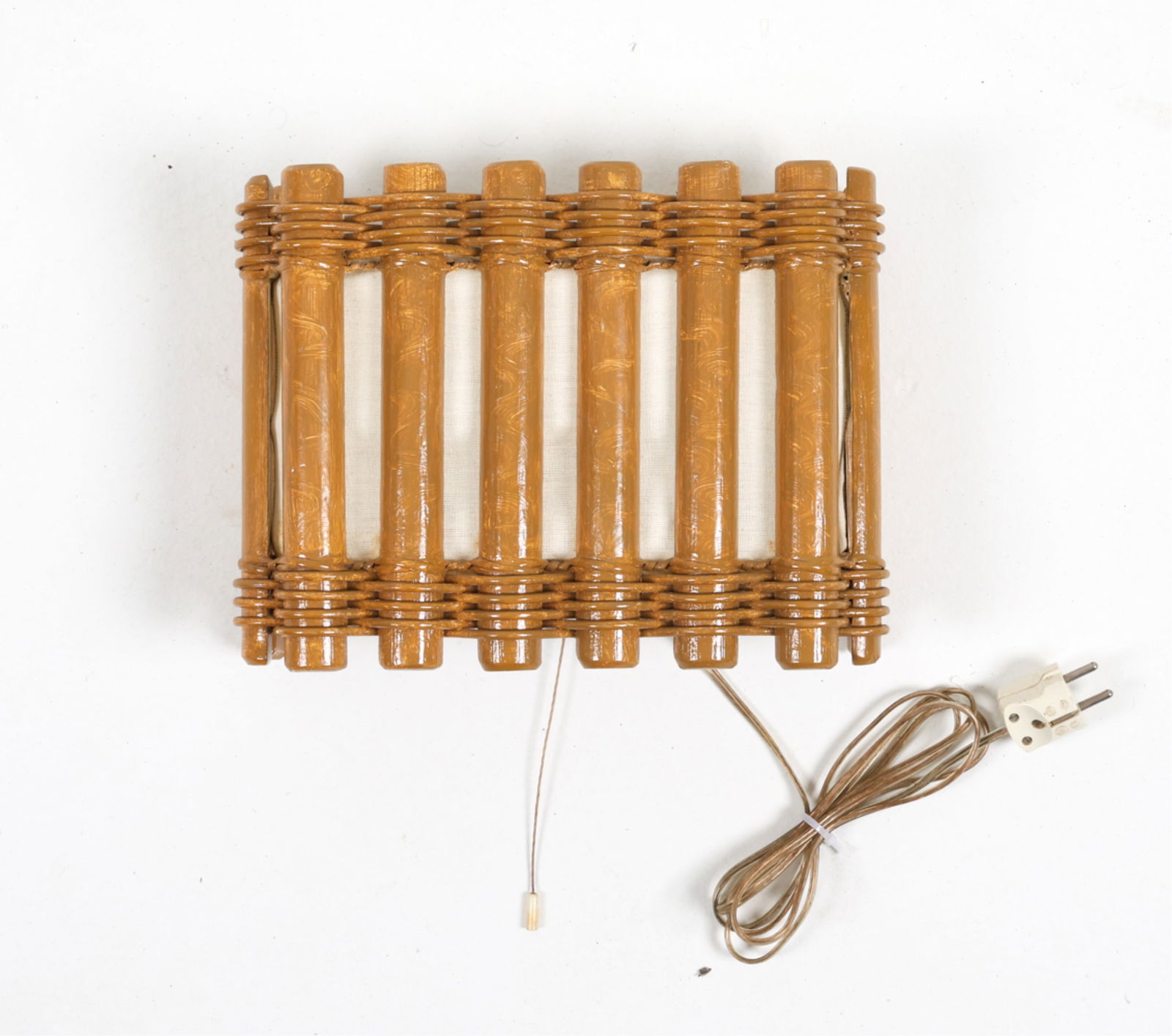 PAINTED BAMBOO WALL SCONCE, C.1970'S: Painted and woven bamboo with fabric shade. Dimensions: H 10" x W 13" x D 4". Condition: Wiring untested. Some loose parts to shade. Minor surface soiling. Minor chips to painted finish. Wear consiste