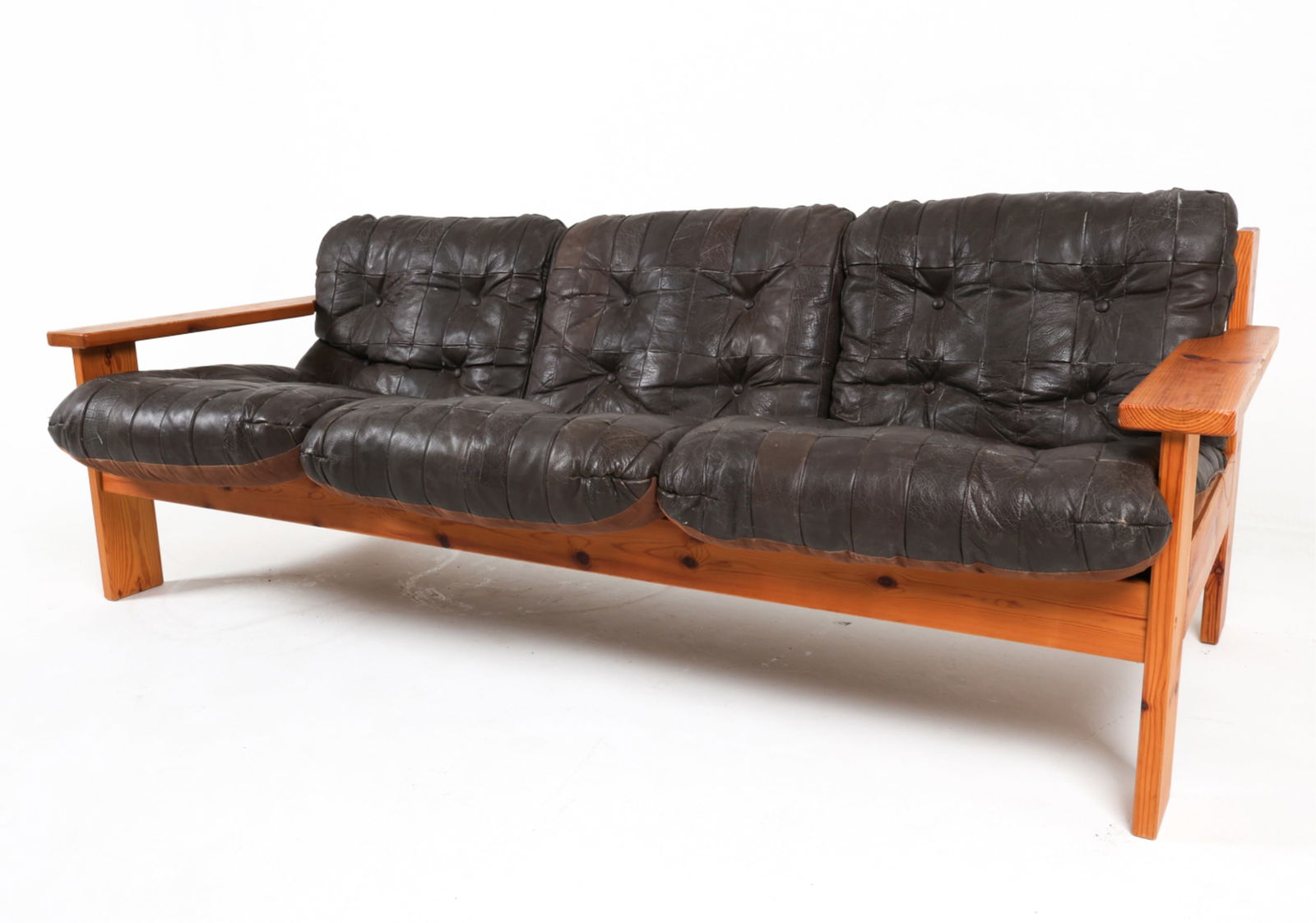 SWEDISH PINE AND LEATHER SOFA, C.1970'S (1 of 16)