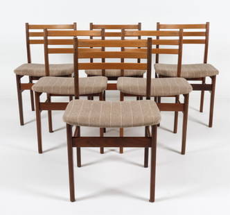 (6) DANISH TEAK CHAIRS BY GUDME MOBELFABRIK: Three bar ladder backs with wool upholstered seats. Dimensions: H 30.5" x W 19" x D 20" Condition: Wear consistent with age and use, Rubbing and discoloration to wood with scattered scratches. DMI085