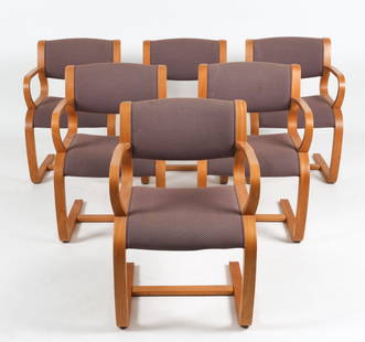 (6) OAK CANTILEVER CHAIRS BY THYGESEN & SORENSEN: Designed by Rud Thygesen and Johnny Sorensen for Magnus Olesen. Manufacturer's tag underneath. Curved blonde oak with fabric upholstered seats. Dimensions: H 31.25" x W 22" x D 19.5" x SH 17". Conditi