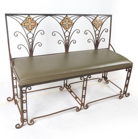 ANTIQUE WROUGHT IRON BENCH WITH CERAMIC TILES