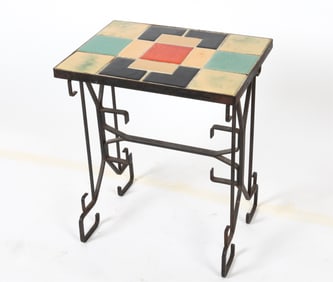 MID-CENTURY IRON & TILE TOP SIDE TABLE