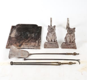CAST IRON FIREBACK, CAT ANDIRONS & FIRETOOLS
