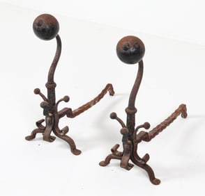 ANTIQUE WROUGHT & CAST IRON CANNONBALL ANDIRONS