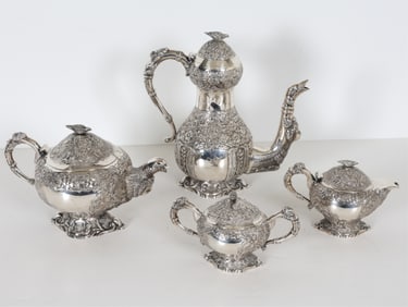 COOKE & KELVEY INDIAN REPOUSSE SILVER TEA SERVICE