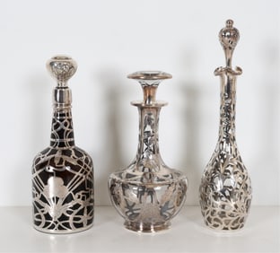 (3) STERLING SILVER OVERLAY GLASS DECANTERS