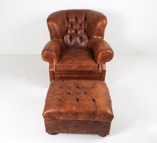 RESTORATION HARDWARE LEATHER ARMCHAIR & OTTOMAN