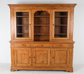 LARGE TWO-PIECE FRENCH PINE HUTCH W/ GLASS DOORS
