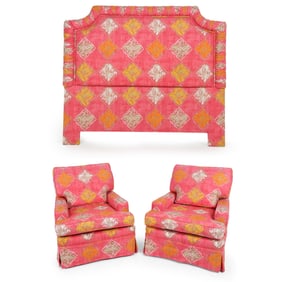 PAIR OF LOUNGE CHAIRS AND MATCHING HEADBOARD