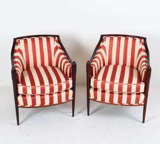 BAKER STRIPED SILK AND MAHOGANY ARMCHAIRS