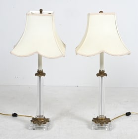 PAIR OF GLASS & BRASS FLUTED COLUMN TABLE LAMPS