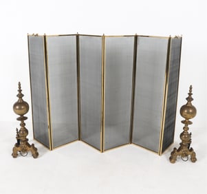BRASS FIRESCREEN AND ANDIRONS