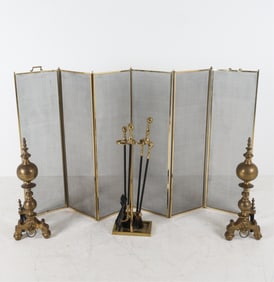 BRASS ANDIRONS, FIRETOOLS, AND SCREEN