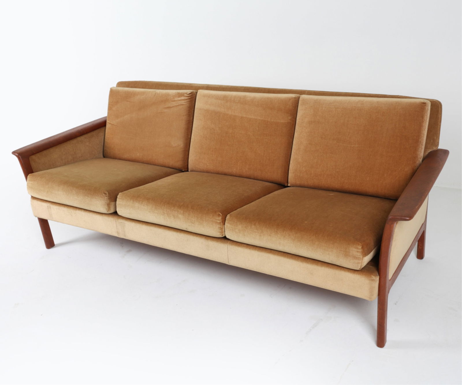 DANISH TEAK AND VELOUR SOFA ATTR. HANS OLSEN (1 of 15)
