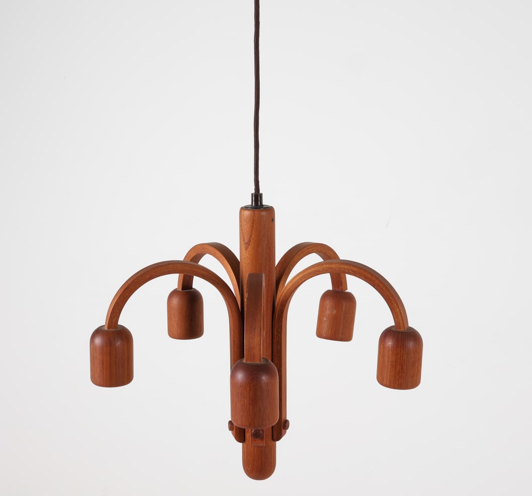 DANISH TEAK 'CANDELA' CHANDELIER FOR DOMUS: Circa 1960's. Dimensions: H 16" x Dia. 16.75". Condition: Wiring untested, requires rewiring. Minor scuffs, good presentation overall. PER A121