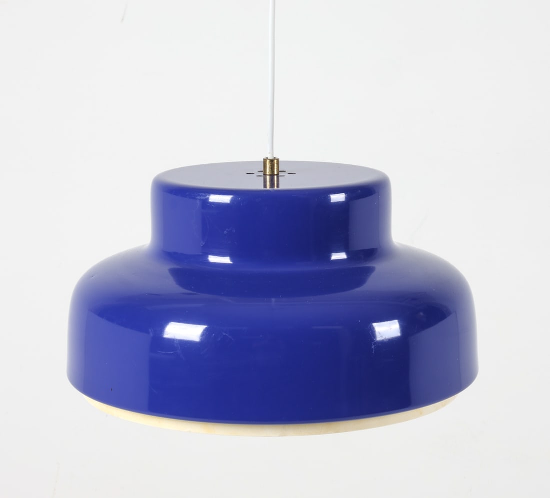SCANDINAVIAN BLUE PENDANT LIGHT, C.1970'S: Dimensions: H 7.75" x Dia. 15.5. Condition: Wiring untested, requires rewiring. Minor surface scratches to finish. Wear consistent with age and use. PER A143