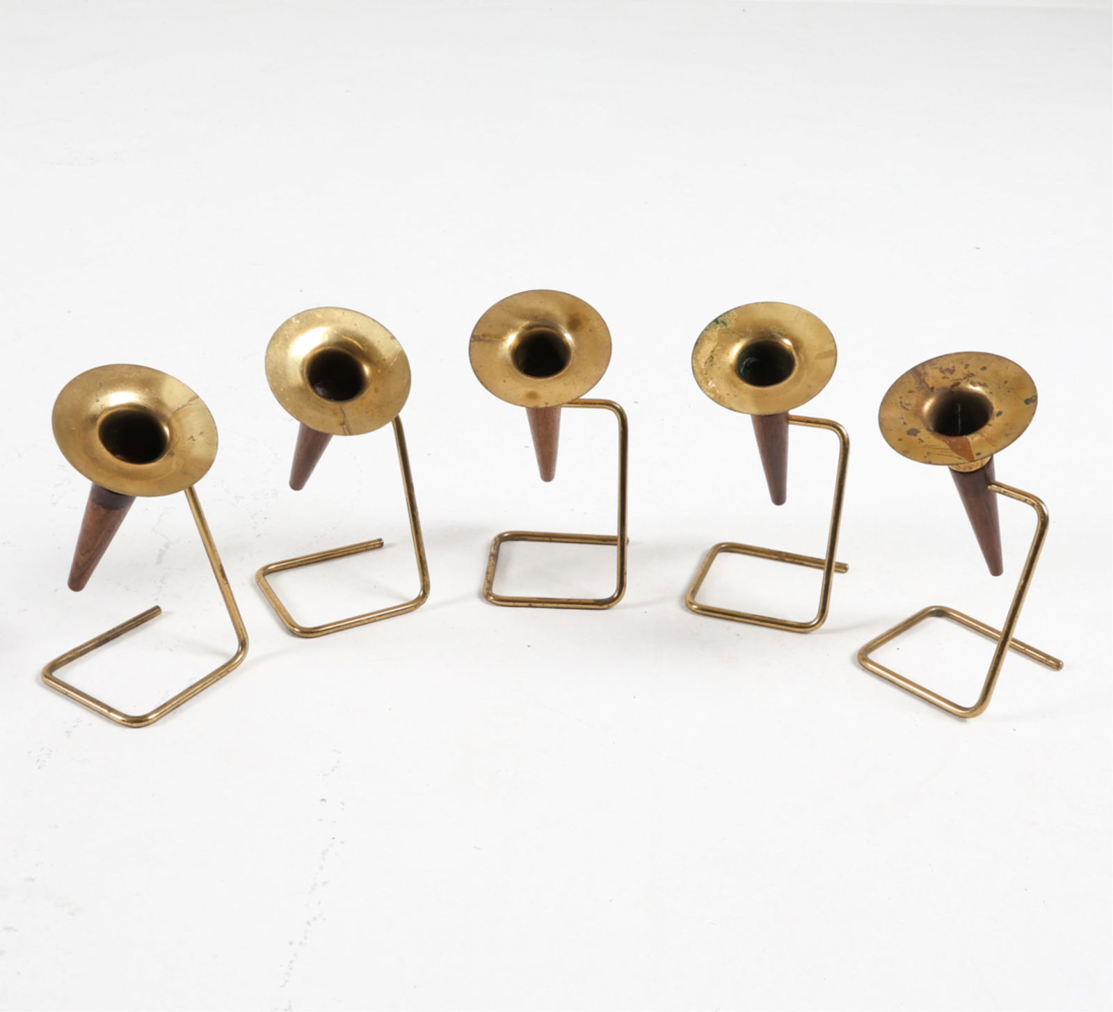 DANISH BRASS AND TEAK HORN CANDLESTICKS, C.1960'S (1 of 10)