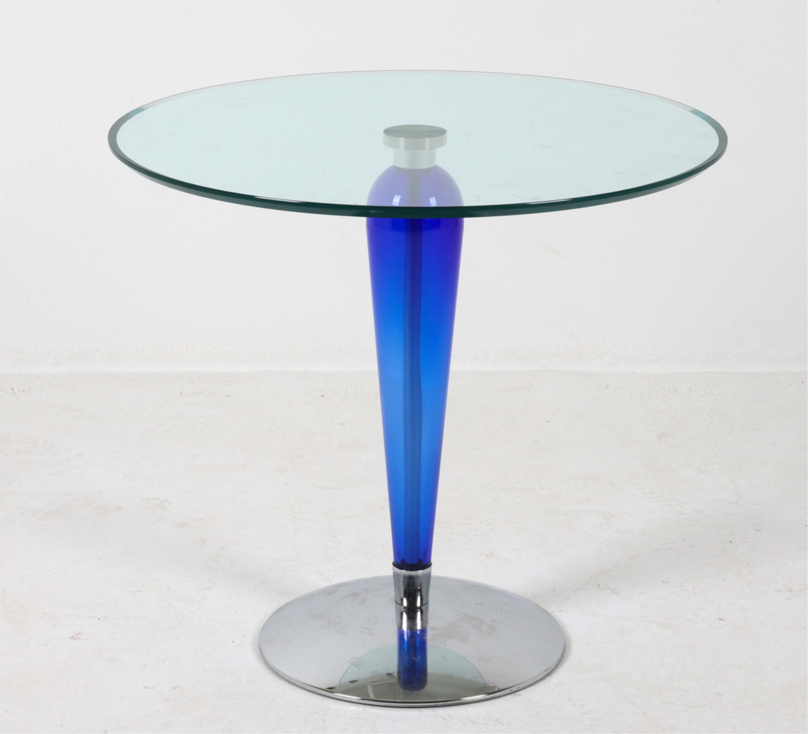 DANISH BLUE GLASS AND CHROME ACCENT TABLE: Circa 1970's. Dimensions: H 20.5" x Dia. 20.5". Condition: Minor scuffs to chrome steel. Wear consistent with age and use.