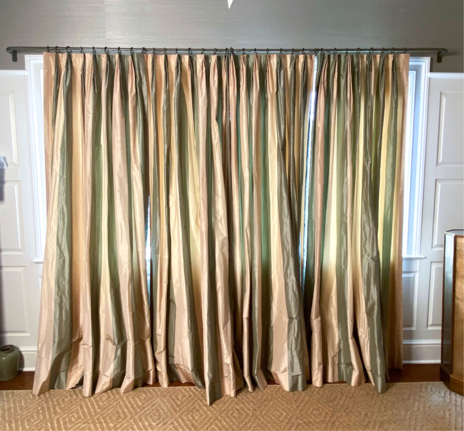 (4) COWTAN & TOUT STRIPED SILK CURTAINS: (4) Panels. Dimensions each panel: H 89" x W 73" (Flat) Condition: Minor tears to silk, Presents well. wear consistent with age and use.
