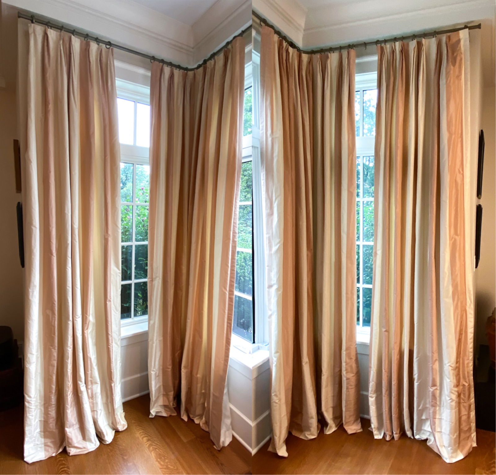(4) COWTAN TOUT STRIPED SILK CURTAINS: Dimensions: (2) H 108" x W 70" (flat) (2) H 108" x W 90" (flat) Condition: Possibly sun fading. Minor soiling if any. Wear consistent with age and use