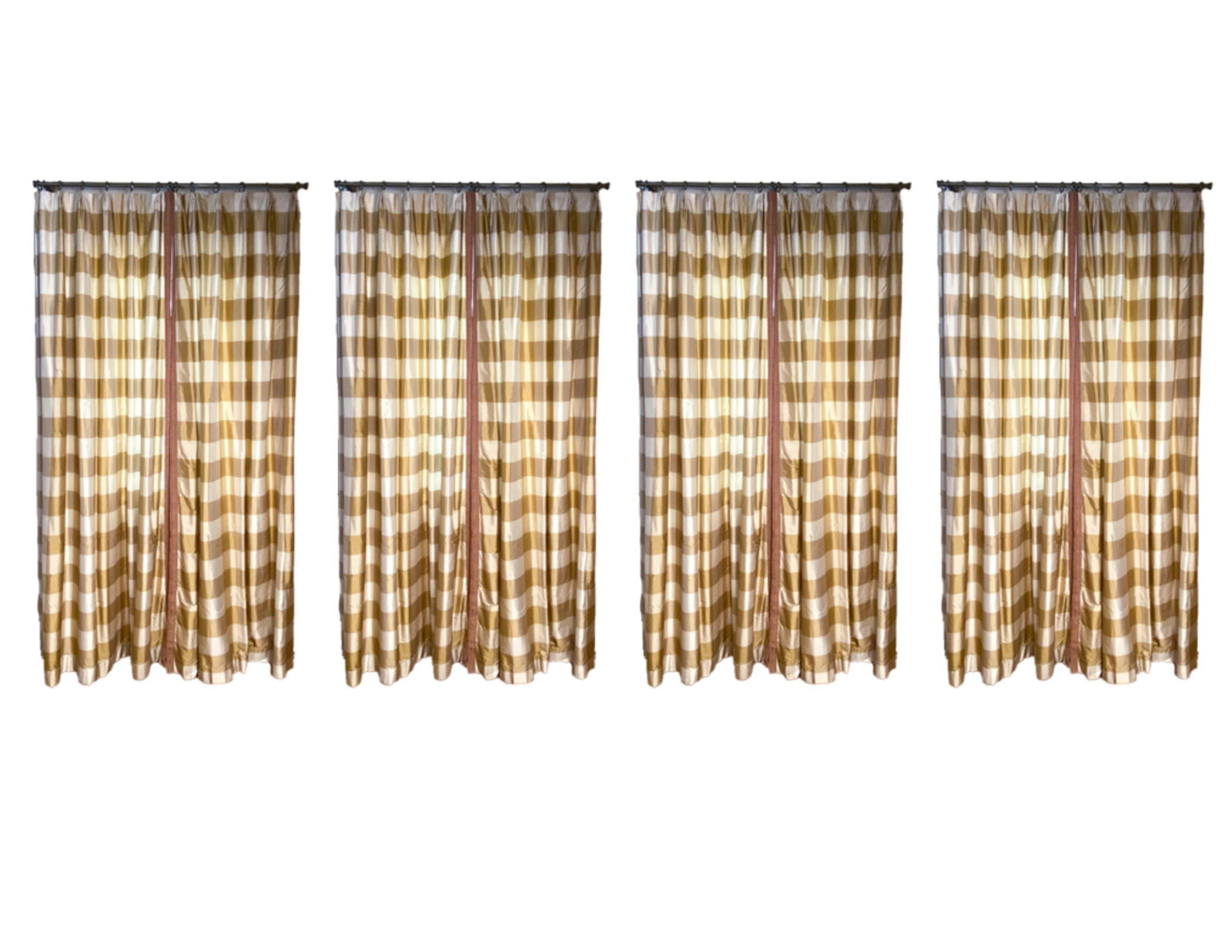 (8) COWTAN & TOUT STRIPED SILK CURTAINS: (8) Panels With an embroidered fringe and silk fabric including 8 panels Dimensions: H 90" x W 60" (Flat) Condition: wear consistent with age and use.