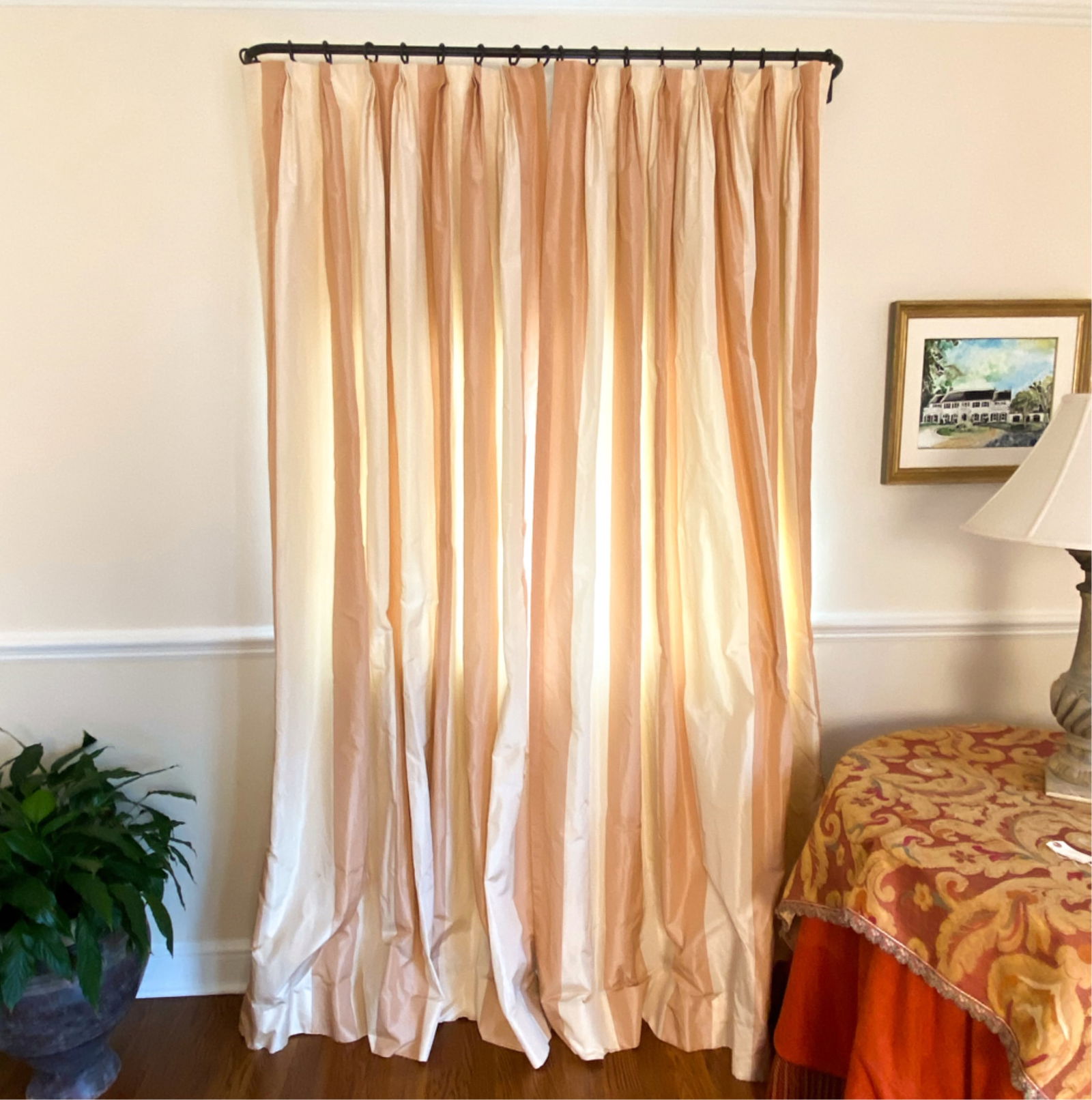(2) COWTAN & TOUT STRIPED CURTAINS: Dimensions: H 90.5"x W 70" flat Condition: Minor fraying to lower half of fabric. Presents well