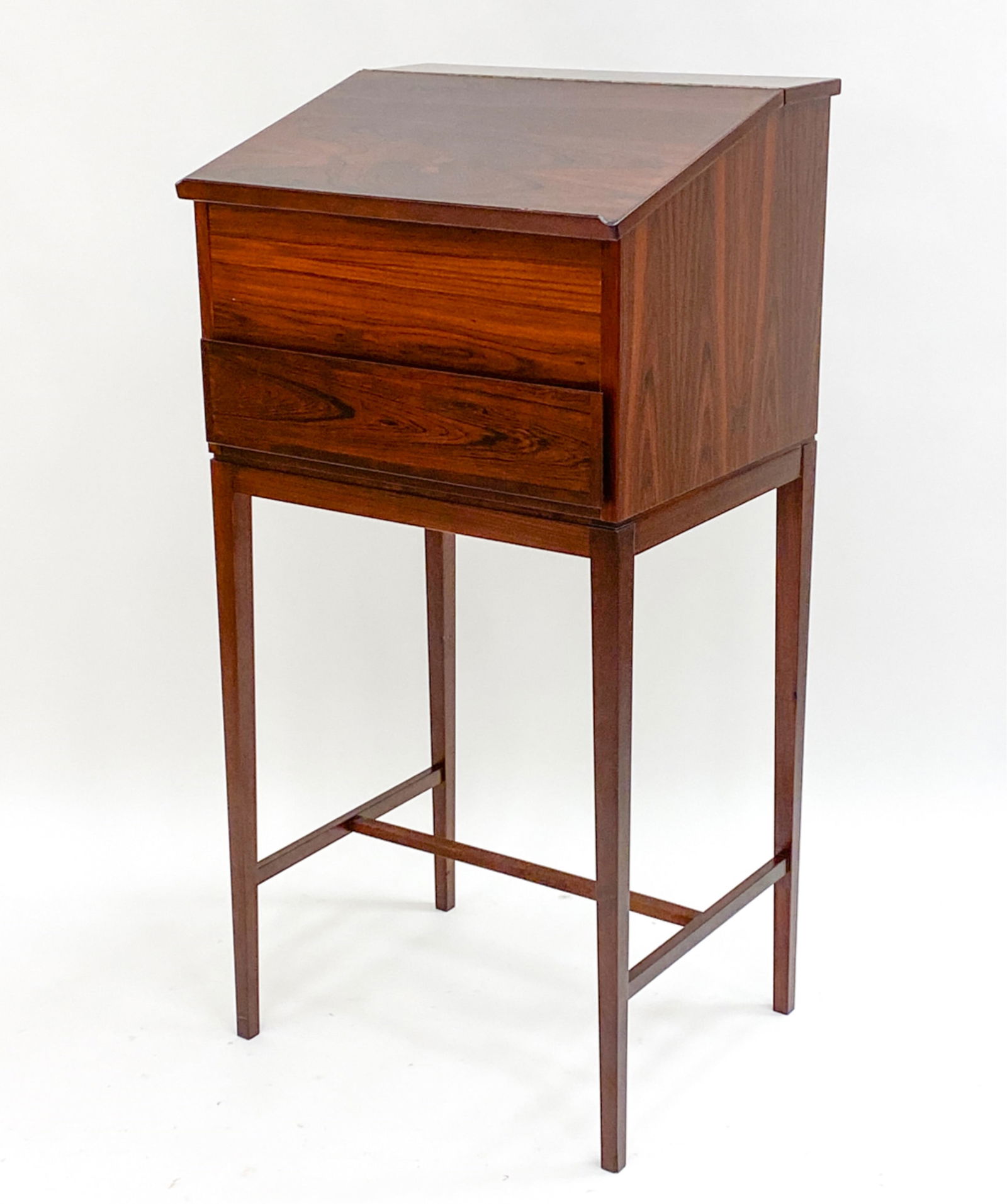 DANISH ROSEWOOD STANDING DESK ATTR OMANN JUN: Apparently Unsigned. Hinged top standing writing desk. Dimensions: H 50" x W 24.5" x D 20" Condition: Presents well, Wear consistent with age and use F120