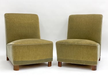 DANISH OAK MOHAIR VELVET SLIPPER CHAIRS. C.1940'S