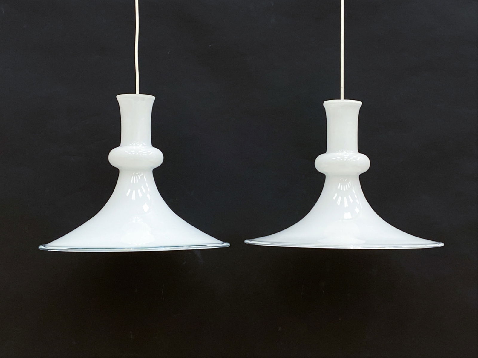 {2) DANISH HOLMEGAARD ETUDE 410 PENDANT LAMPS: Labeled. Model 410 Pendant lamps Dimensions:H 13"x Dia 15.18" Untested. Cut wires, May require rewiring. Condition: Wear consistent with age and use