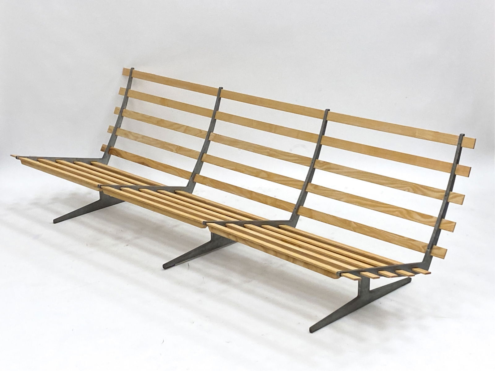 GERMAN PINE SOFA FRAME: No cushions. Dimensions: H 24" x W 82" x D 30" Seat height 12" Condition: Wear consistent with age and use, moderate discoloration to feet. F132