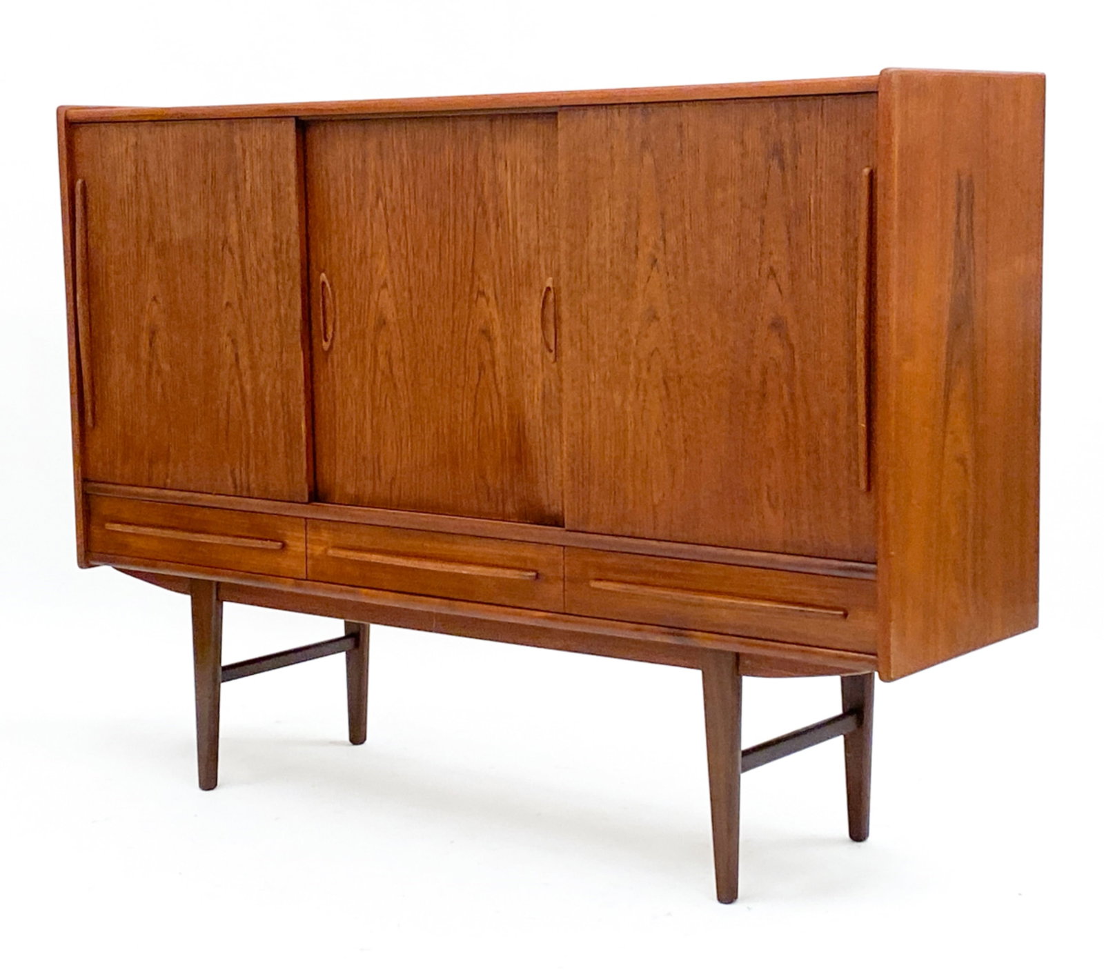 DANISH TEAK SIDEBOARD CABINET C.1960'S: Dimensions: H 42.75" x W 60.25" x D 16.25" Condition: Presents well. Minor surface scratches to top and sliding doors. Watermarks to interior shelves and to interior drawers. Wear consistent with age 