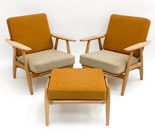 HANS WEGNER FOR GETAMA DANISH OAK CHAIRS & OTTOMAN