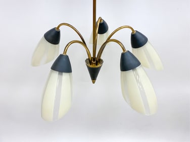 DANISH BRASS & GLASS FIVE LIGHT CHANDLIER,