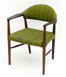 KURT OLSEN DANISH TEAK ARM CHAIR C.1950'S: Stamped and marked to underside. Dimensions: H 31" x W 25" x D 18.5" Seat height 18" Condition: Wear consistent with age and use. Candidate of re-upholstery. F047