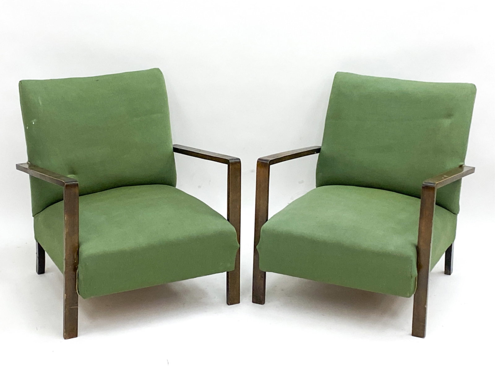 (2) DANISH ART DECO WALNUT LOUNGE CHAIRS. C.1950'S: Dimensions: H 29.5" x W 25.5" x D 25" Seat height 15" Condition: Indents to upholstery. Scratches and rubbing to arms and legs. Wear consistent with age and use