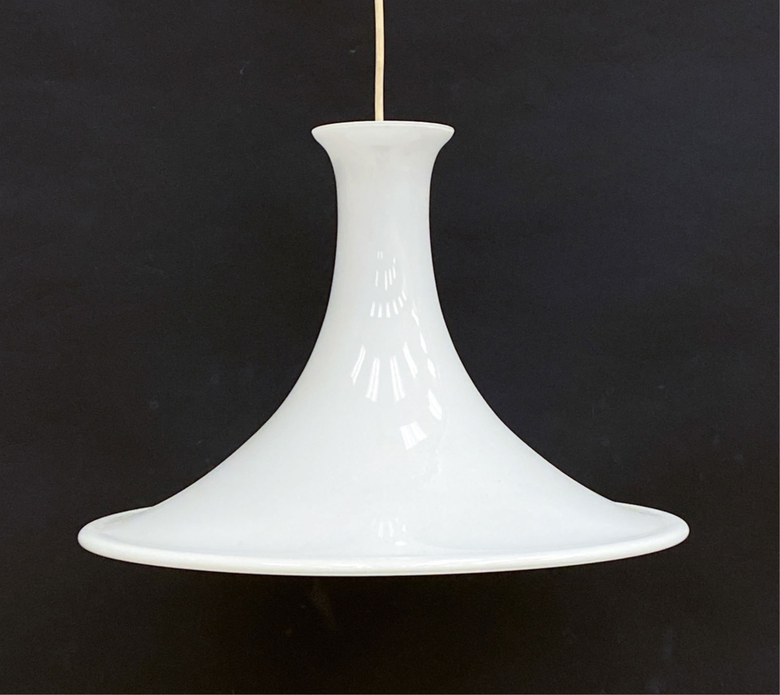 HOLMEGAARD MANDARIN PENDANT LIGHT: Label to top of stocket. Mandarin Pendant light, Model 450 Untested. Cut wire. May require rewiring Dimensions: H 12" x Dia 17" Condition: Wear consistent with age and use. Soiling to inner socket. F1