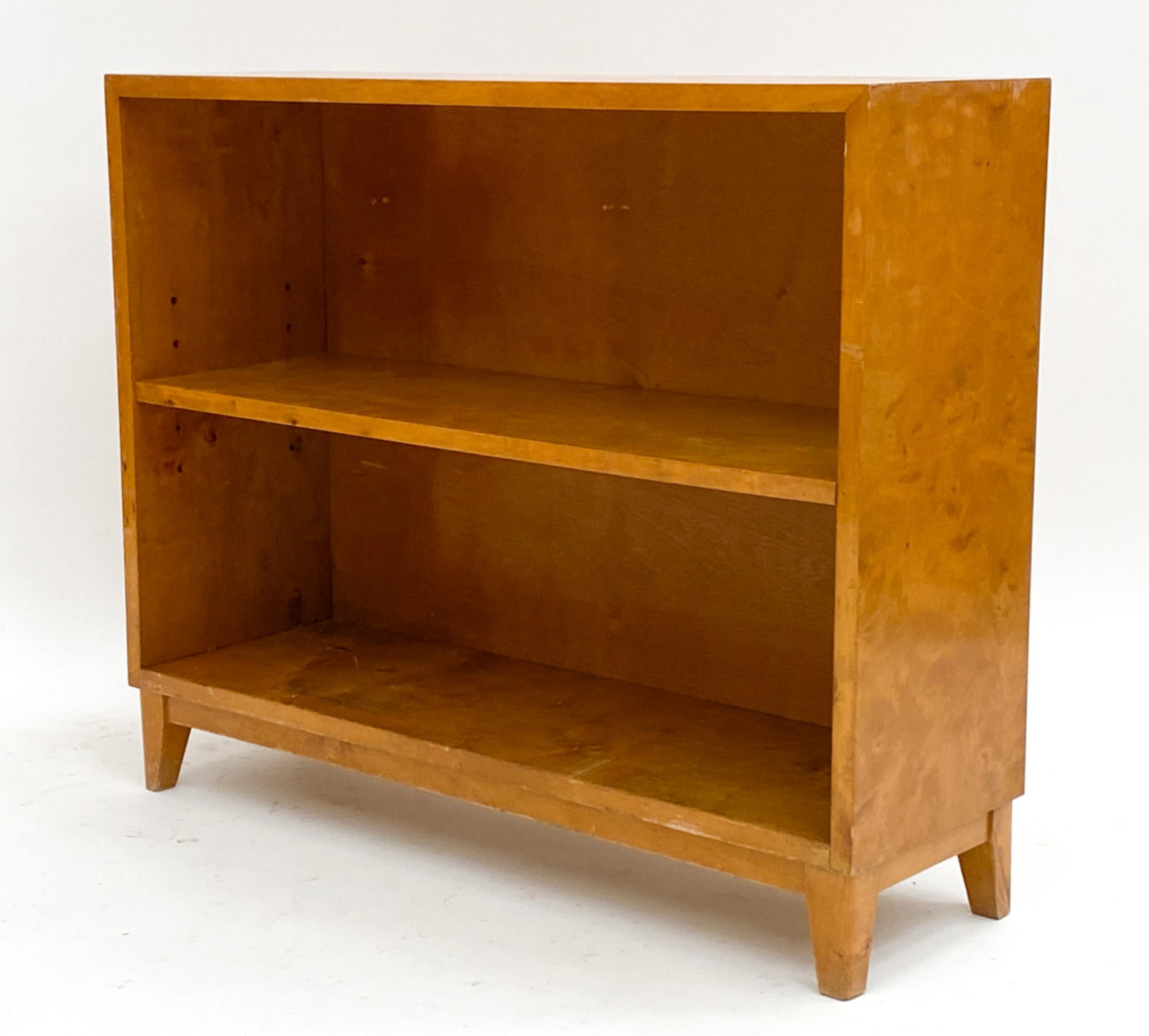 SWEDISH BURL WOOD BOOKCASE: Adjustable shelf. Dimensions: H 27" x W 32.5" x D 10.25" Condition: Shelf hardware candidate for replacement. Fading to finish to outside corners. Scattered scratches and marks to outer edges and blem