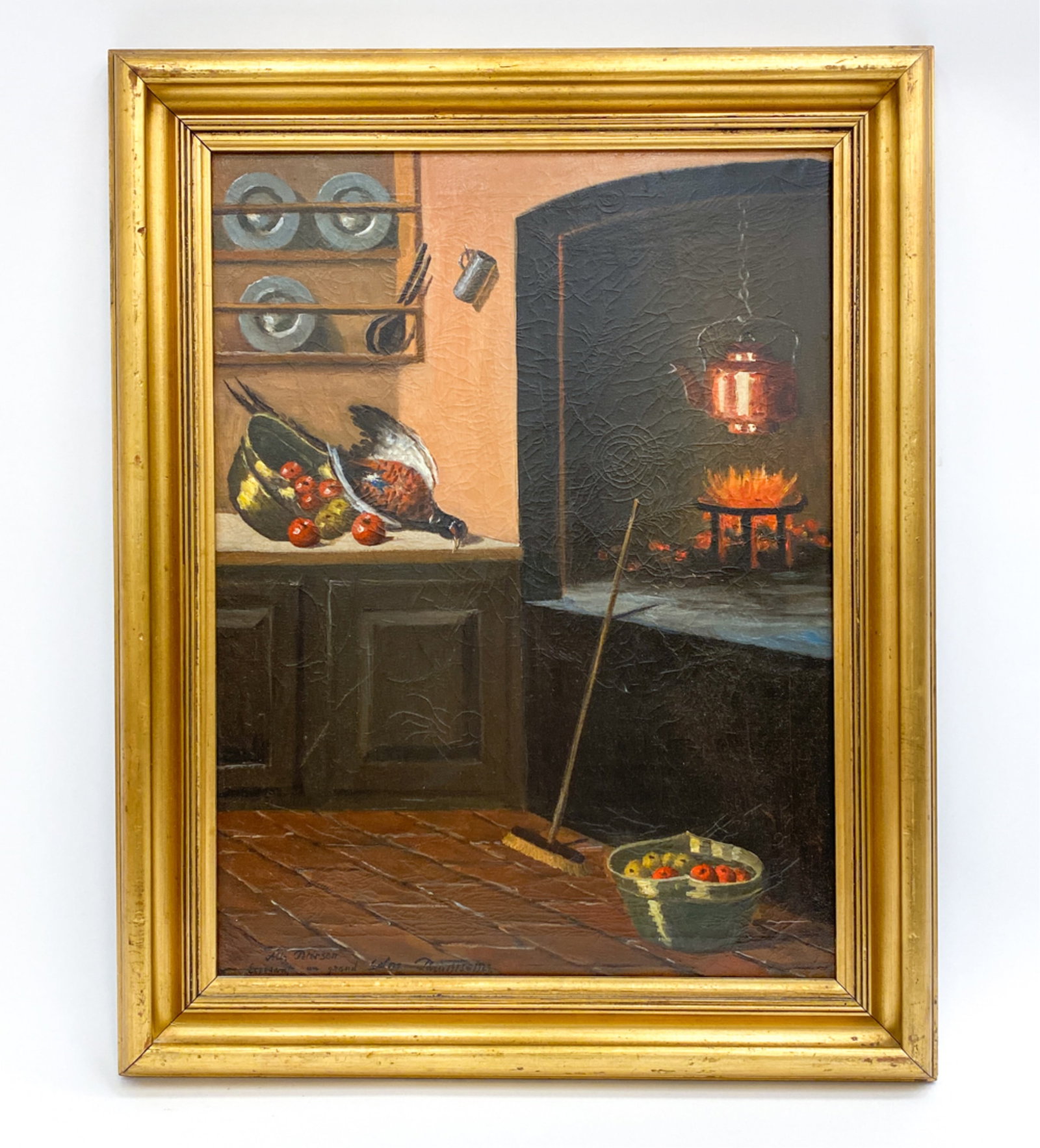 ALBERT PETERSEN, (DANISH 1875-1957) O/C: Signed and dated. Exhibited in grand Salon, Paris, 1918- 1929. Depicts a kitchen interior Frame: H 30.75" x W 24.,75" Sight: H 25" x 18.5" Condition: Moderate cracking to paint. Blemishes and marks to