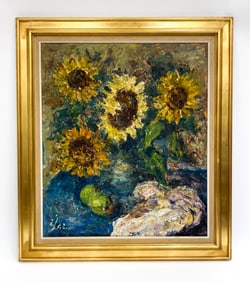 DANISH MIXED MEDIA SUN FLOWERS O/C PAINTING