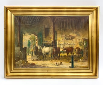 ALEXIS DELEEUW (BELGIAN 1822-1900) O/C BARN SCENE